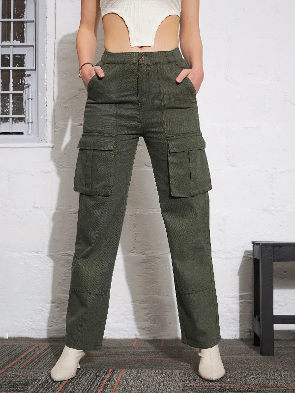 Warm Comfort Women Olive Box Pocket Cargo Jeans