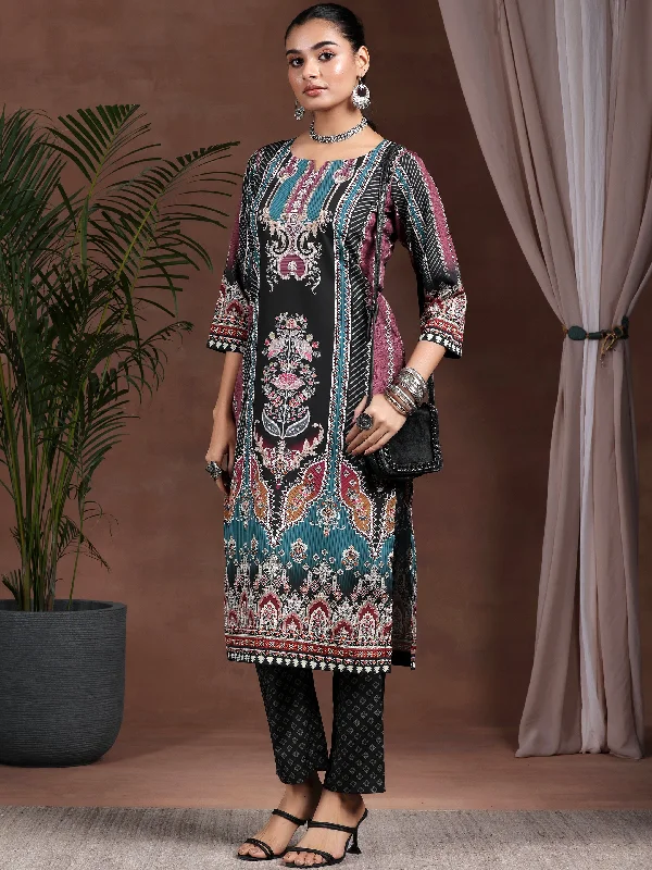 Effortless Dressing Black Printed Poly Crepe Straight Kurta Set