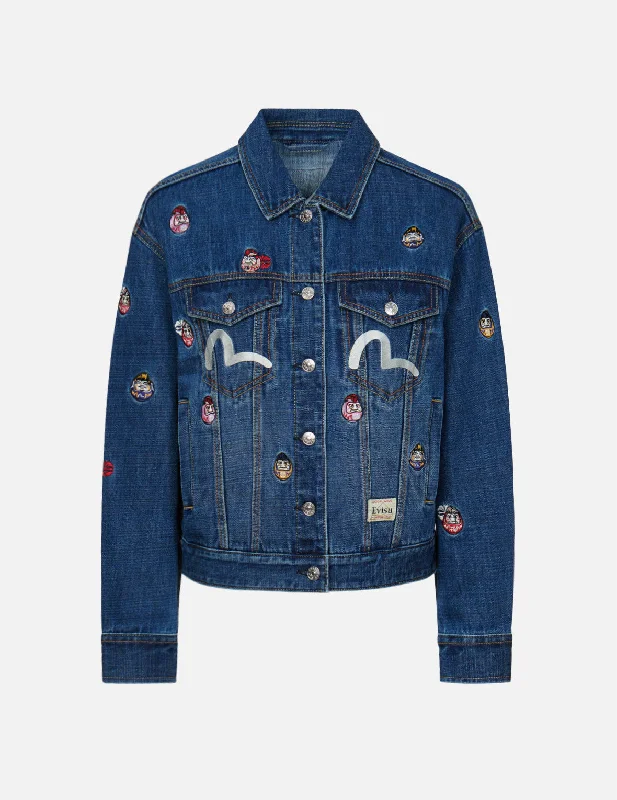 Trendy Comfort Allover Daruma Embroidered Denim Jacket