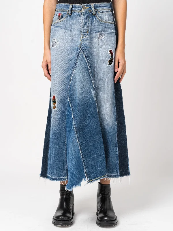 Layered Style Asymmetrical Denim Patchwork Skirt