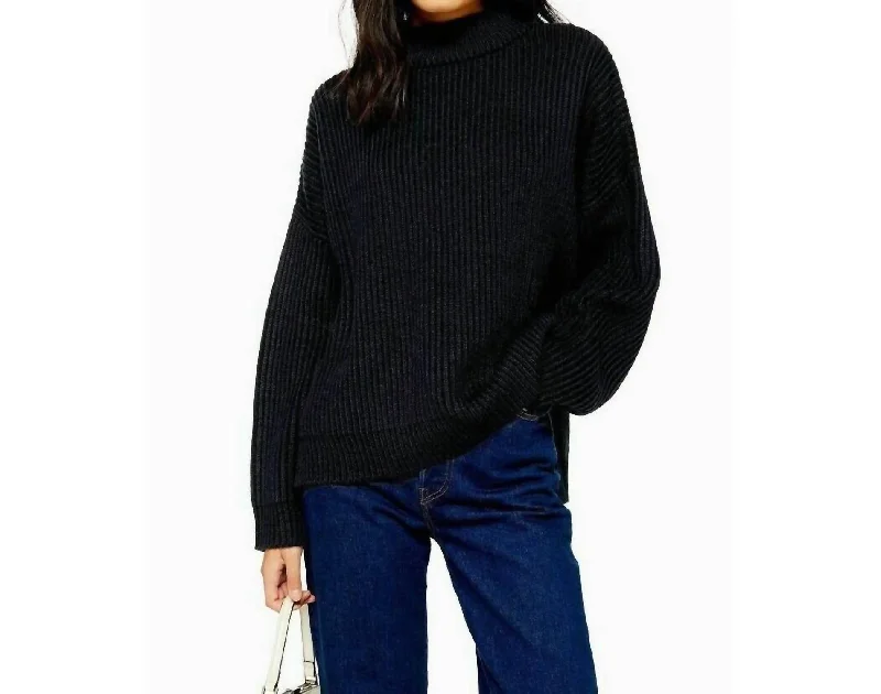 Breezy Style Oversize Rib Knit Mock Neck Pullover Sweater In Black