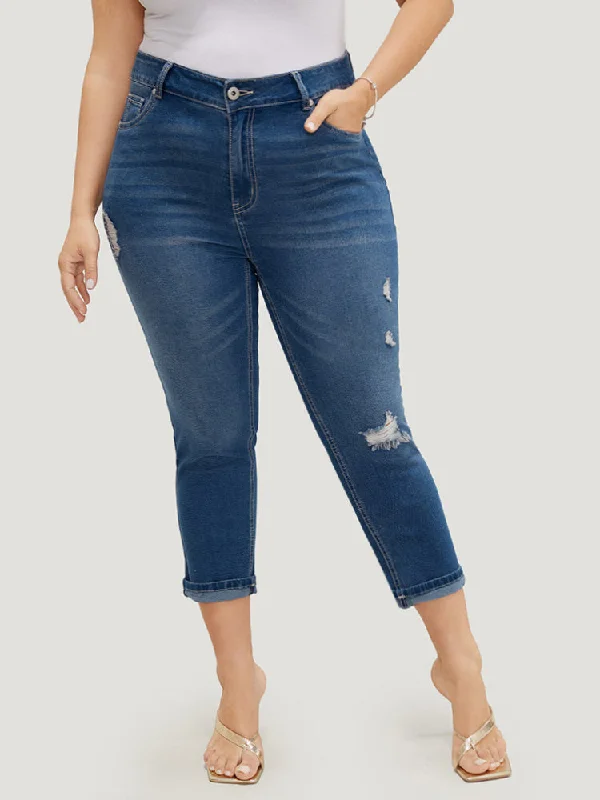 Cozy Fashion Very Stretchy High Rise Dark Wash Ripped Detail Cropped Jeans