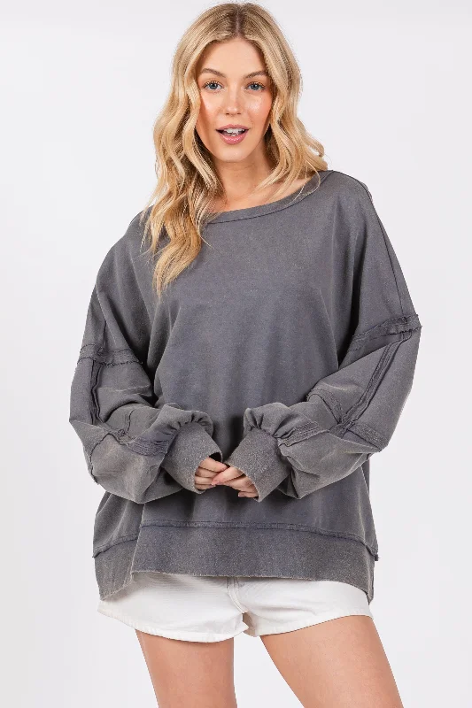 Basic Comfort Charcoal Raw Hem Detail Pullover Top