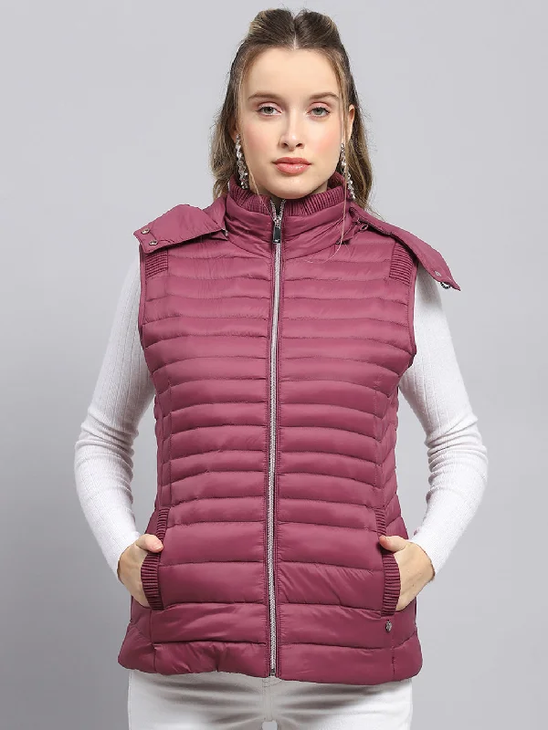 Warm Wear Women Burgundy Solid Detachable Hood Sleeveless Jacket