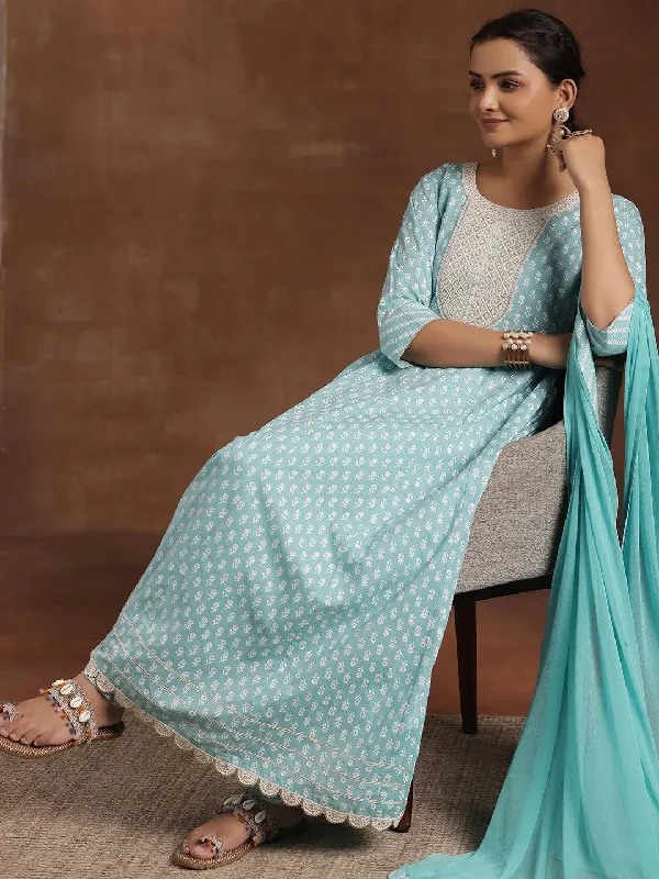 Cozy Knits Blue Printed Cotton A-Line Kurta With Churidar & Dupatta