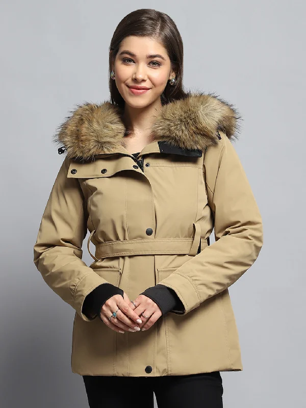 Cozy Shirts Women Khaki Solid Hooded Full Sleeve Jacket