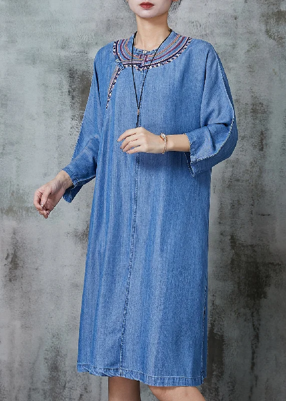 Breezy Comfort Vintage Denim Blue Embroidered Side Open Dresses Summer