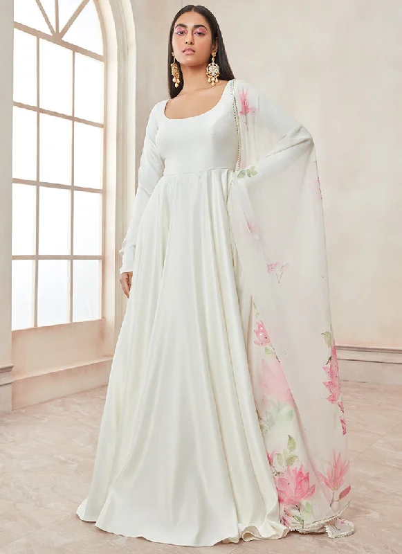 Versatile Style Off White Satin Anarkali With Floral Printed Dupatta