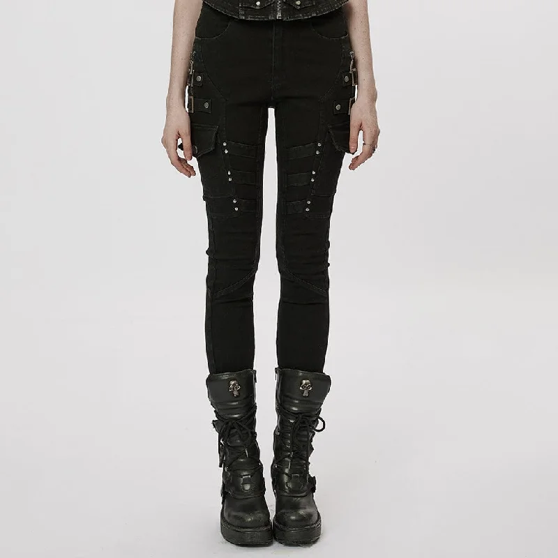 Effortless Outfits Women's Punk Multi-Pocket Buckle Jeans