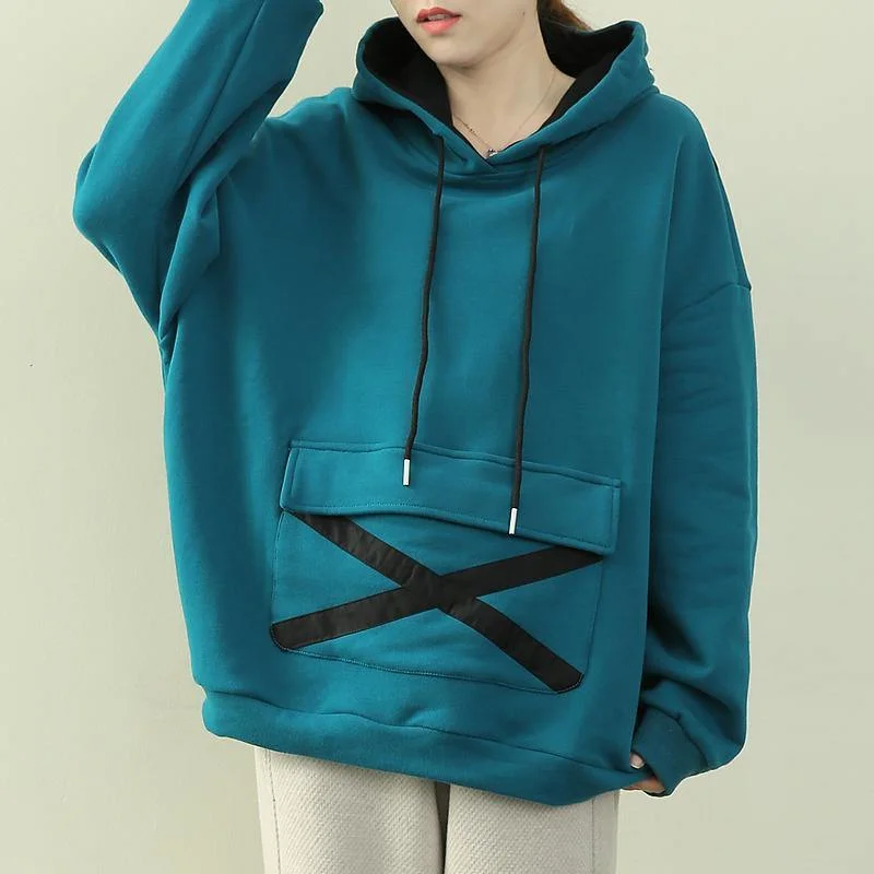 Fresh Comfort Loose hooded drawstring blouses for women Malachite blue Dresses shirt