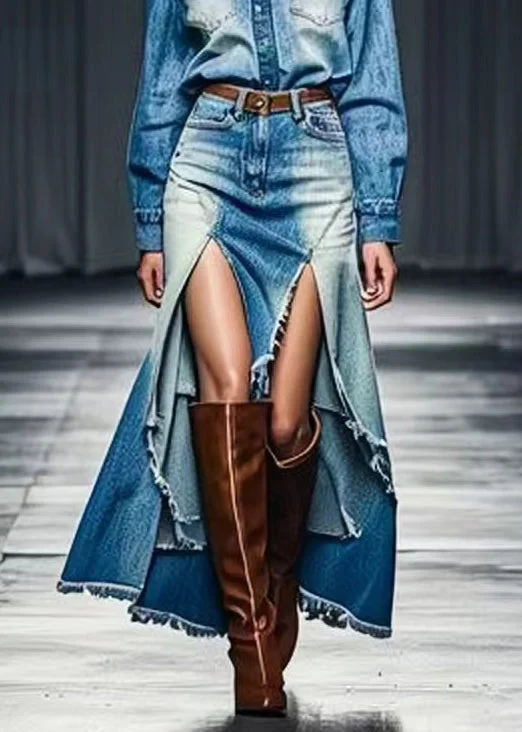 Modern Comfort Unique Blue Low High Design High Waist Denim Skirt Summer