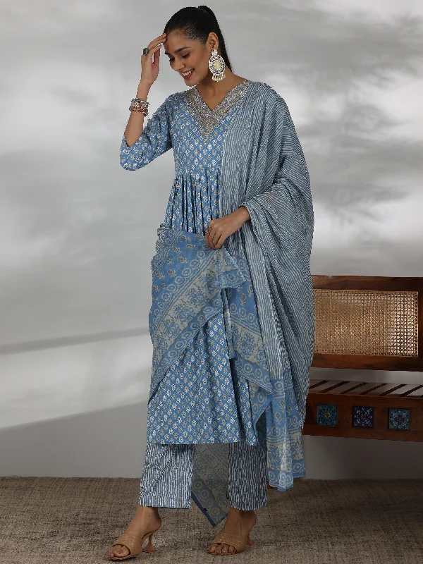 Breezy Comfort Blue Printed Cotton Anarkali Suit With Dupatta