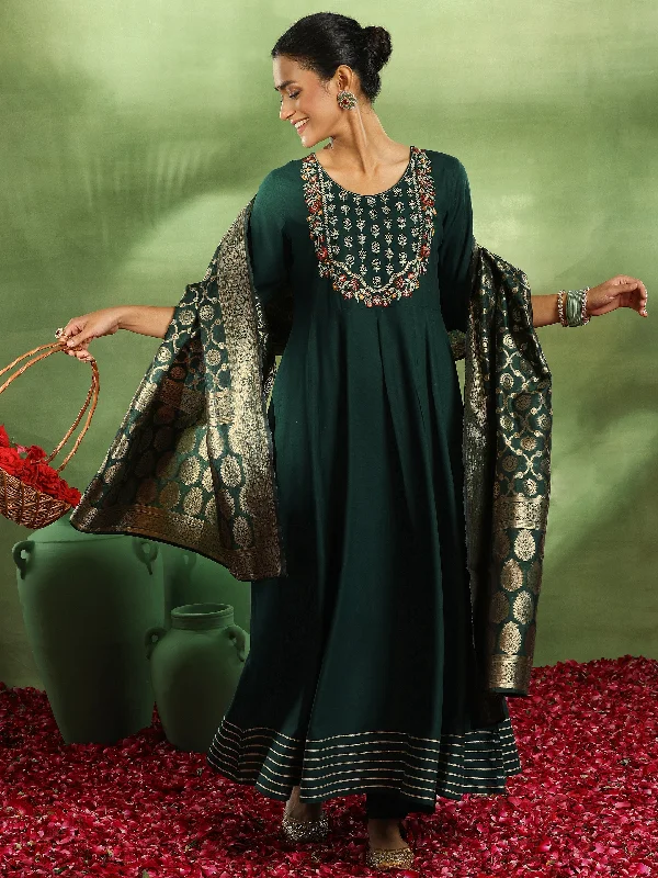 Soft Layers Green Yoke Design Rayon Anarkali Suit With Dupatta