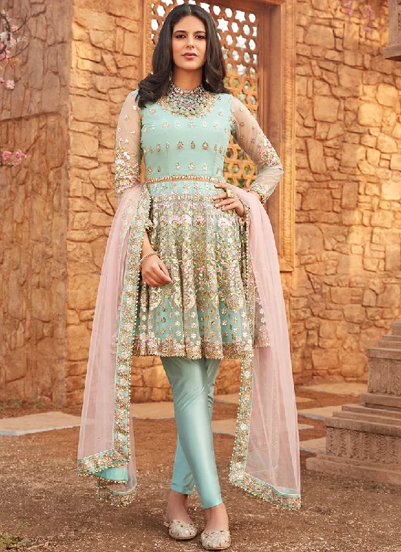 Trendy Comfort Dusty Mint and Pink Embroidered Peplum Anarkali