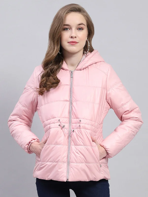 Soft Comfort Women Pink Solid Hooded Full Sleeve Jacket