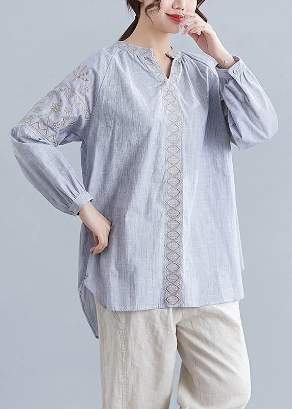 Comfortable Fashion Looks Loose light blue embroidery cotton clothes For Women v neck blouse