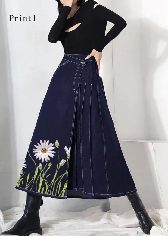 Comfy Chic Boho denim blue-print1 zippered asymmetrical design Summer Skirt