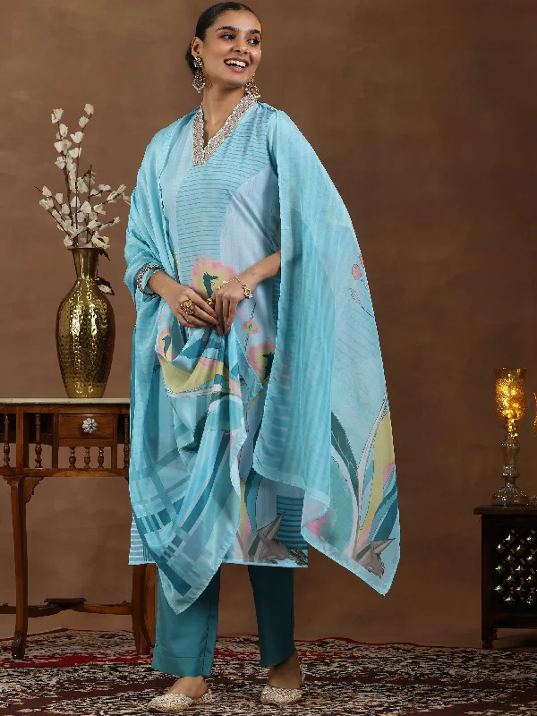 Chic Comfort Turquoise Printed Cotton Blend Straight Suit With Dupatta