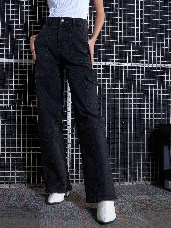 Lounge Wear Women Black Acid Wash Contrast Stitch Cargo Straight Jeans