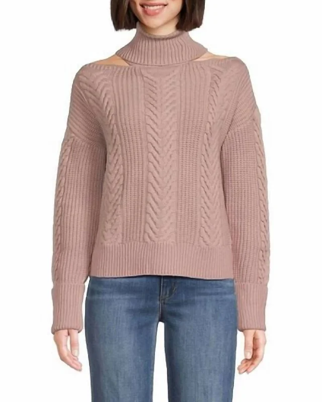 Cozy Chic Lorilee Cold Shoulder Turtleneck Wool Sweater In Wild Rose