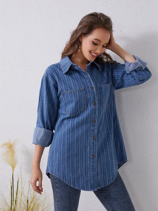 Versatile Comfort Pocketed Striped Button Up Denim Shirt