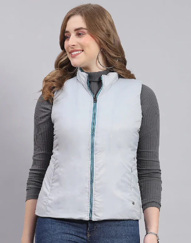 Comfortable Fashion Women Teal Blue Solid Stand Collar Sleeveless Jacket