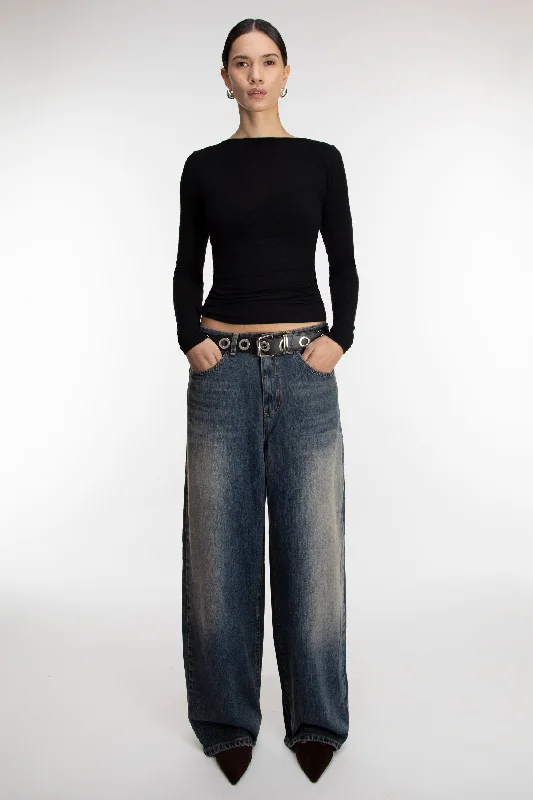 Fashionable Ease DARK WASH BARREL CURVED LEG JEAN