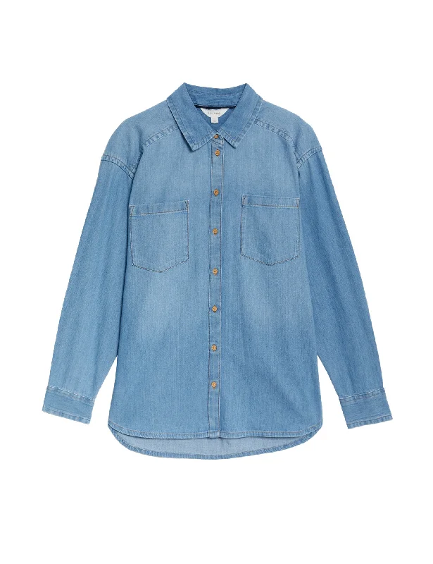 Simple Style Denim Collared Relaxed Shirt