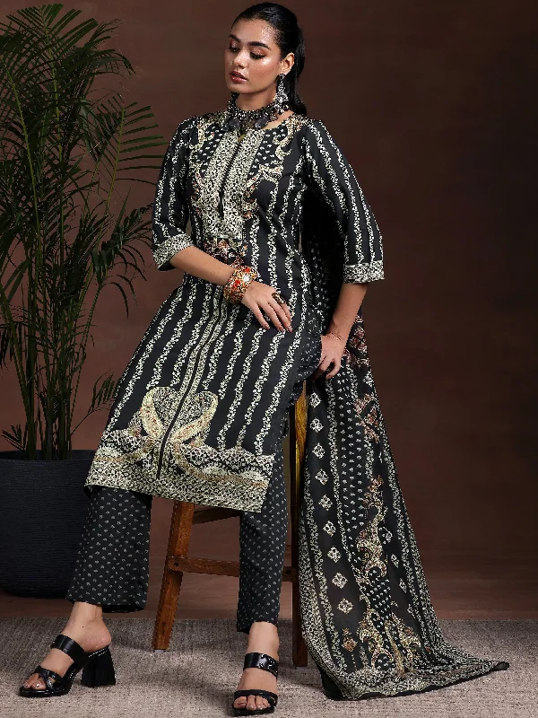 Relaxed Fit Black Printed Poly Crepe Straight Suit With Dupatta