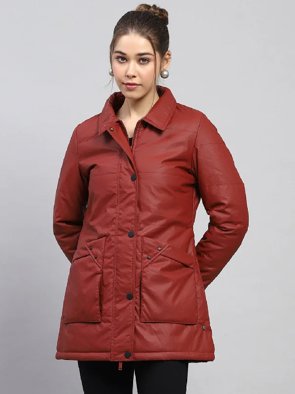 Stylish Ease Women Rust Self Design Collar Full Sleeve Jacket