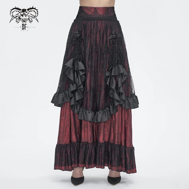 Casual Fit Women's Gothic Drawstring Ruffled Red Lace Skirt