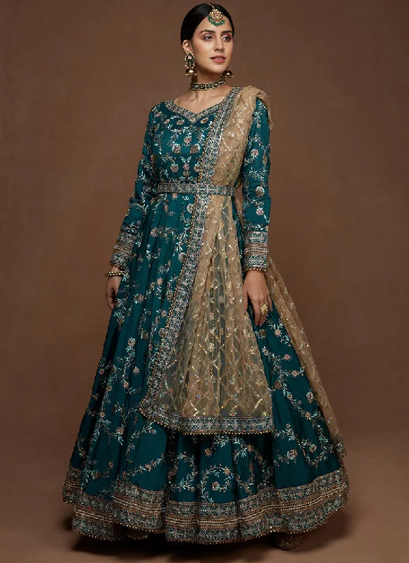 Versatile Wear Teal Heavy Embroidered Silk Anarkali