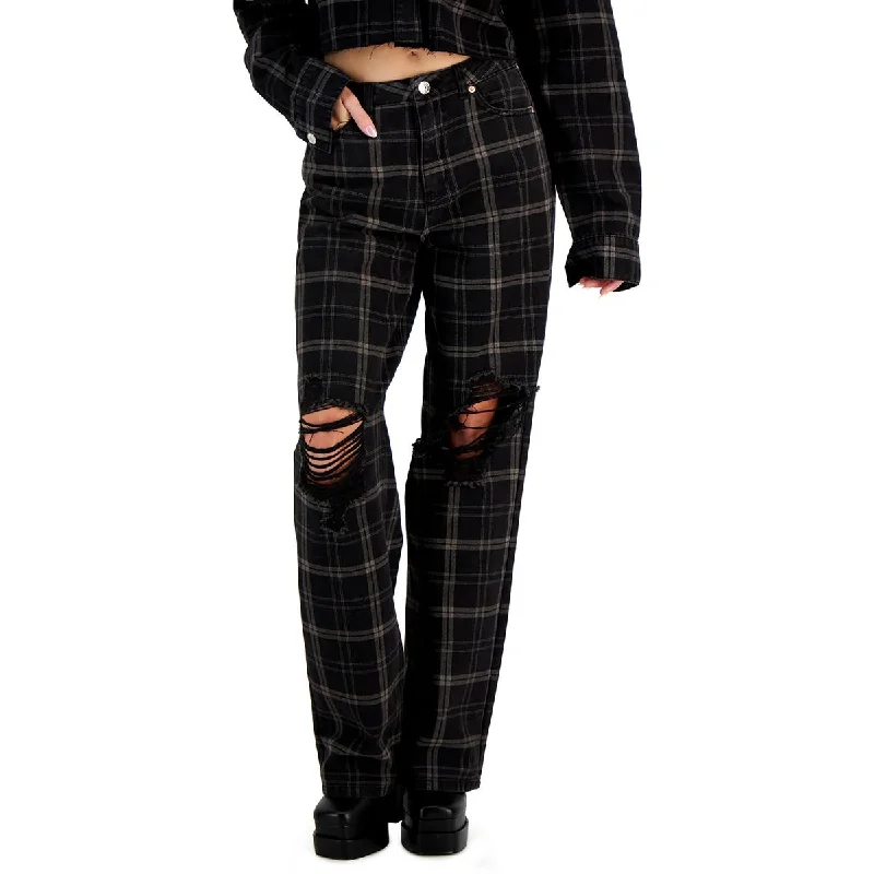 Effortless Elegance Gemma Rae Womens High Rise Plaid Straight Leg Jeans