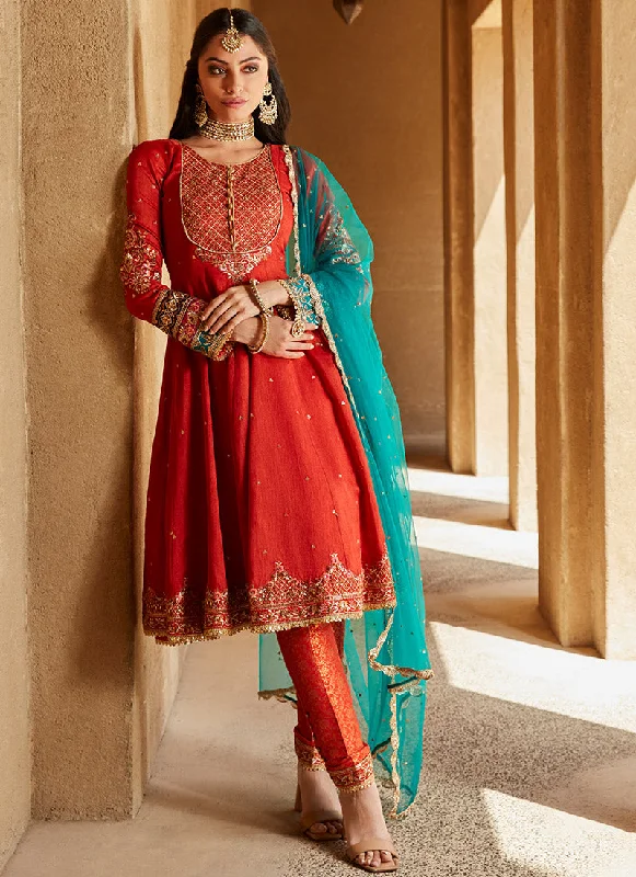 Stylish Jackets Red Orange and Teal Peplum Style Anarkali