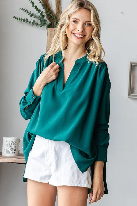 Everyday Style Forest Green V-Neck Oversized Blouse