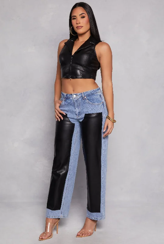 Cozy Fit Wear Almost Famous Faux Leather Patchwork Jeans