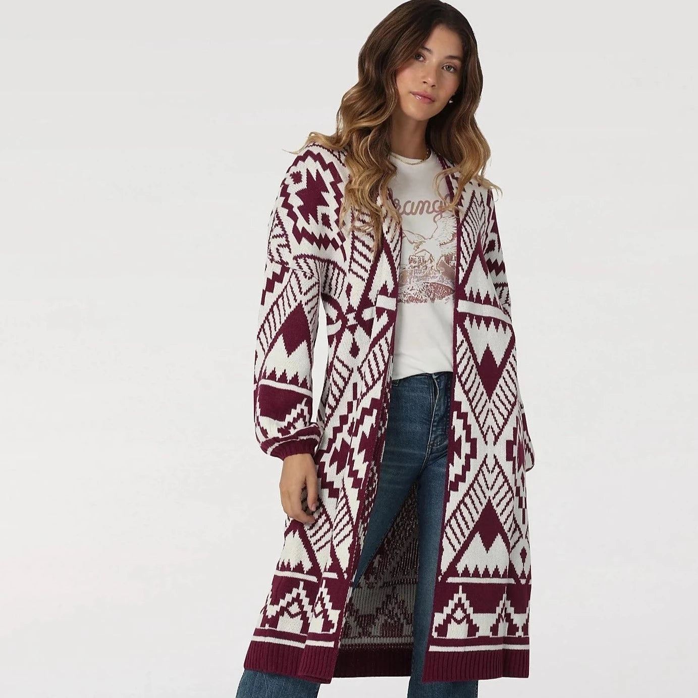 Comfy Pants Wrangler Women's Magenta Aztec Long Cardigan