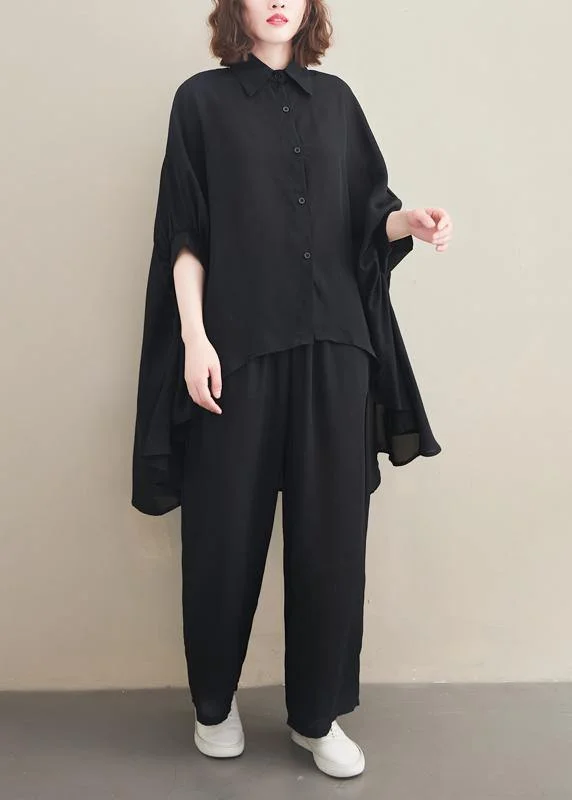 Comfy Chic Loose Lapel Batwing Sleeve Spring Clothes Fabrics Black Tops