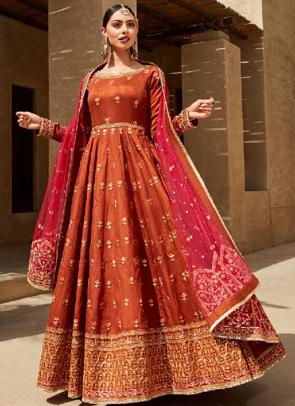 Easygoing Fashion Deep Rust and Hot Pink Embroidered Anarkali