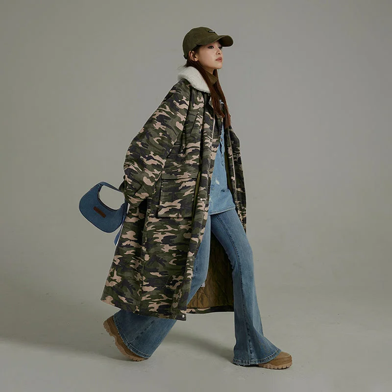 Relaxed Chic Camo Loose Fit Dumble Collar Coat