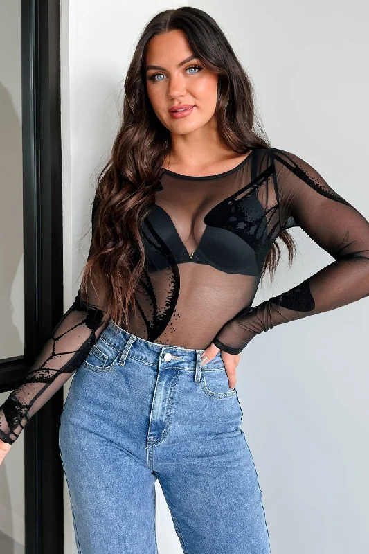 Cozy Outerwear Getting Butterflies Butterfly Mesh Bodysuit (Black)