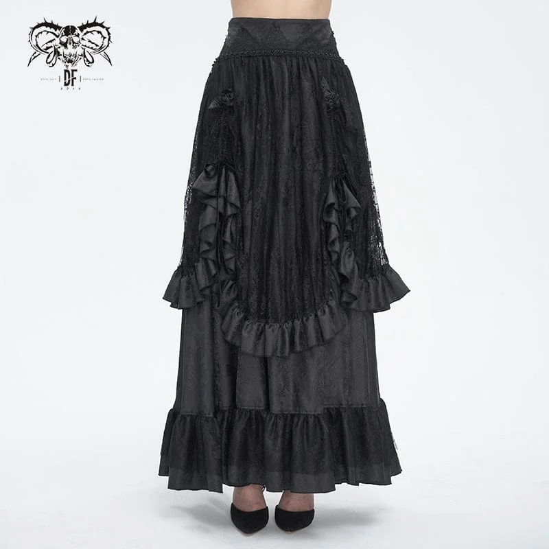 Simple Chic Women's Gothic Drawstring Ruffled Lace Skirt