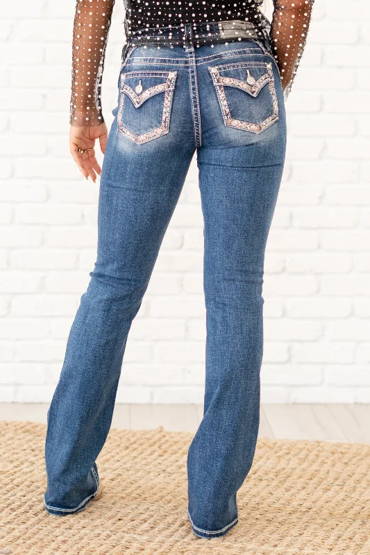 Soft Comfort Pink Border Stitched Mid Rise Boot Cut