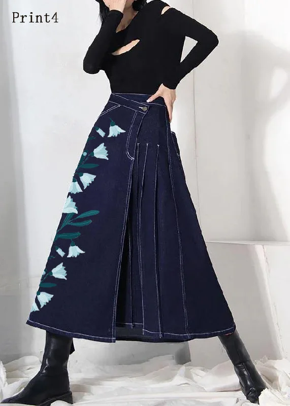 Everyday Comfort Boho denim blue-print4 zippered asymmetrical design Summer Skirt