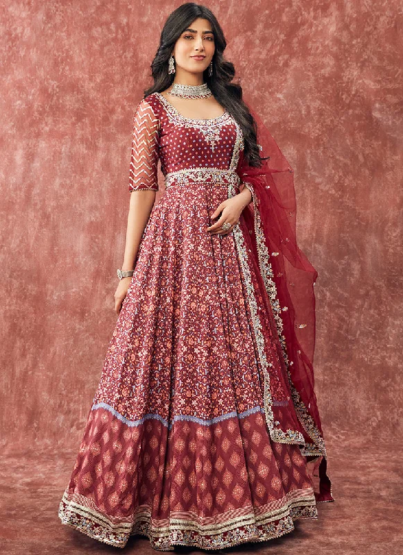 Effortless Outfits Deep Maroon Printed Satin Anarkali