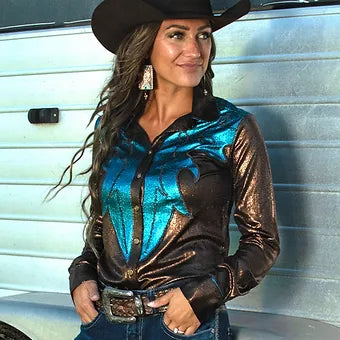 Cozy Fit Wear Cowgirl Tuff Copper & Turquoise Metallic Rodeo Shirt