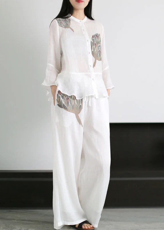 Versatile Style Loose White Stand Collar Patchwork Linen Two Pieces Set flare sleeve