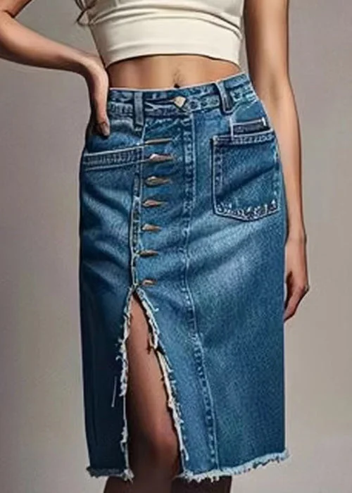 Timeless Comfort New Blue Button Front Open High Waist Denim Skirts Summer