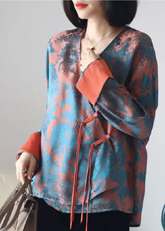 Cozy Shirts Loose Orange buttonV Neck print Silk Shirt Top Long Sleeve