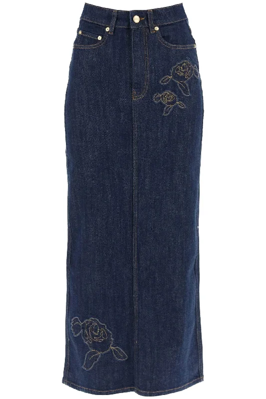 Easy Fashion Ganni Women's Maxi blue Skirt With pink Embroidery